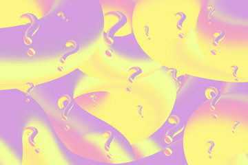 Question marks (?) on abstract graphic covers yellow pink background with colorful gradient geometric shapes. Modern minimal composition.