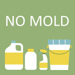 Chemical agents from mold. Bottles, cans, sprays and buckets on khaki background. Vector flat