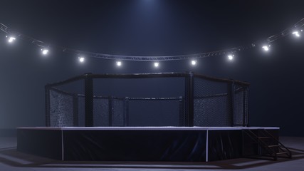 Mma arena side view. Empty fight cage under lights. 3D rendering