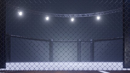 Mma arena side view. Empty fight cage under lights. 3D rendering - obrazy, fototapety, plakaty