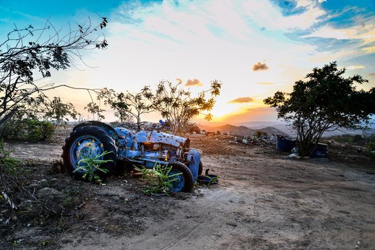 old tractor in the field, photo panel, rural landscape, wallpaper, tourism in brazil, brazilian landscape, blue tractor, old tractor, rural landscape, horizontal image