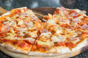 Pizza Carbonare with pineapple, becon
