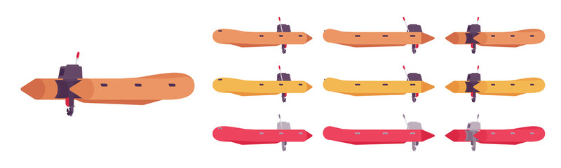 Rubber boat set. Inflatable vessel for enjoyable water fun or fishing, action sport equipment. Vector flat style cartoon illustration isolated on white background, different views and color