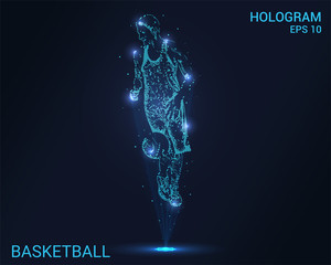 Hologram basketball. Holographic projection basketball. Flickering energy flux of particles. The scientific design of the sport.