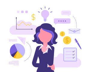 Businesswoman thinking about new project. Business inspiration for creative female manager, entrepreneur with great idea for financial gain in mind. Vector abstract illustration, faceless character