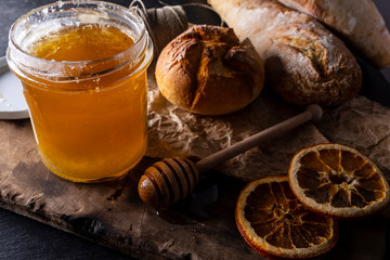  Natural honey. Honey, golden liquid natural floral honey.