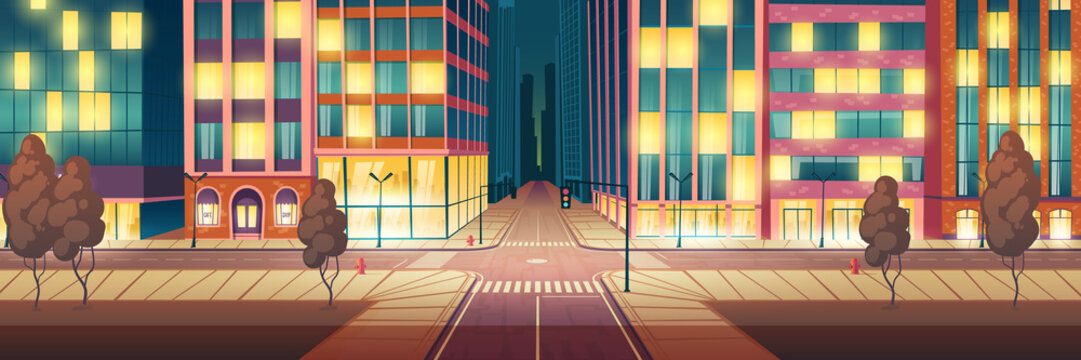 Night metropolis illuminated, empty street cartoon vector background with skyscrapers, stores and cafes glowing showcases, city road crossing with crosswalk and traffic lights, sidewalk illustration