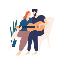 Lovely couple sitting on bench and playing guitar. Pair of young adorable man and woman cuddling and singing songs on romantic date. Boy and girl in love. Flat cartoon colorful vector illustration.