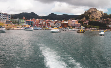 Boats of sun island in lake titicaca in Copacabana, Bolivia