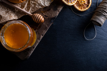 Honey, golden liquid natural floral honey. Natural honey