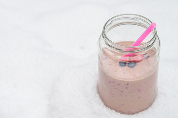 Fresh Smoothie beverage made from pureed berry raw fruit. Cold ice cream with frozen yogurt for your healthfulness.