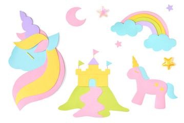 Unicorn set paper cut on white background - isolated