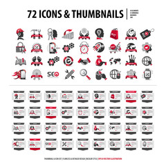 vector set of icons and web thumbnails, collection of 72 flat symbols and tabs, read more buttons, red and gray ribbons, creative isolated graphic design elements and shapes on white background