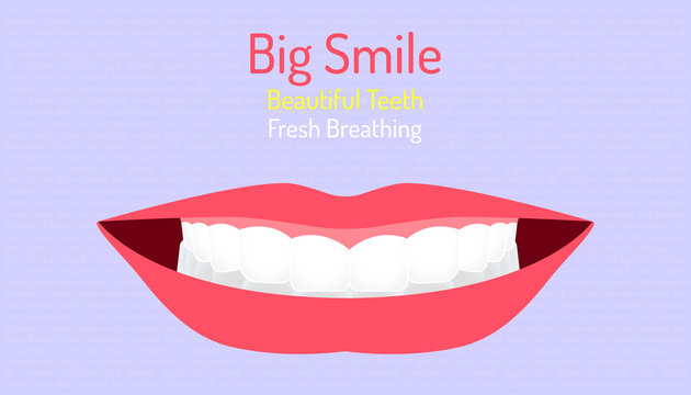 Big Smile Beautiful Teeth And Flesh Breathing. Good Dental Mouth Show Nice Tooth. Character Background. Vector Illustration Eps10