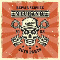Obraz premium Mechanic skull and crossed pistons vector emblem