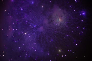 Explosive and colorful holiday fireworks at night sky.