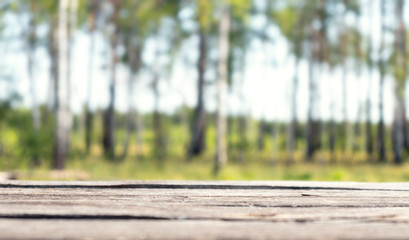 Blur background. Table in nature forest. Background wood table. 
