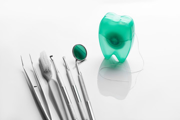 dental tools on white background top view