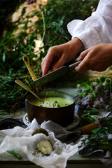 Polenta with green peas.selective focus
