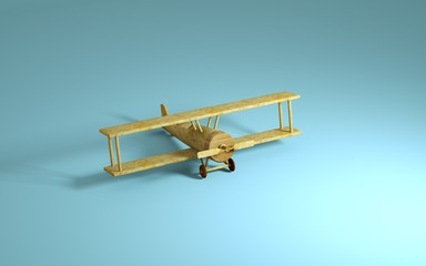 3d rendered wooden airplane toy on the blue background