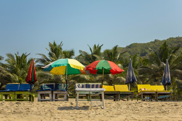 empty sun loungers under the multi-colored beach umbrellas on the yellow sand against the green palm trees under a clear blue sky