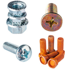 Collage of screws and bolts on white background