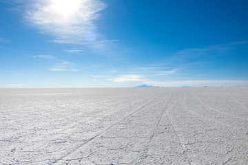 Landscape of incredibly white salt flat Salar de Uyuni, amid the Andes in southwest Bolivia, South America