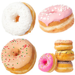 Set of various colorful donuts isolated on white background