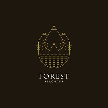 monoline forest, mountain and wave logo icon vector