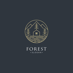 monoline forest, mountain and wave logo icon vector