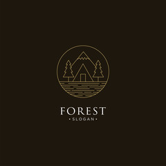 monoline forest, mountain and wave logo icon vector