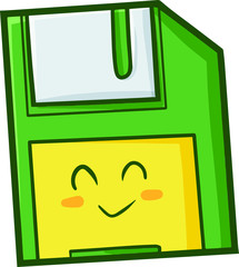 Cute and funny green old floppy disc smiling happily