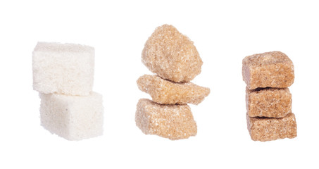 White refined sugar and brown unrefined sugar cubes