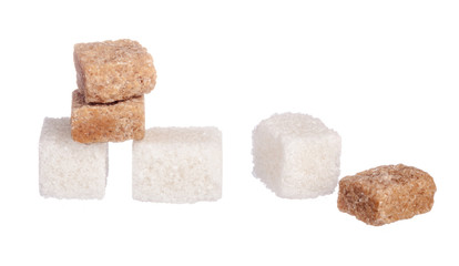 White refined sugar and brown unrefined sugar cubes