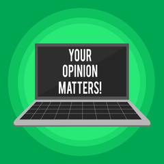 Handwriting text writing Your Opinion Matters. Conceptual photo show you do not agree with something that just been said Laptop with Grid Design Keyboard and Blank Black Screen on Pastel Backdrop