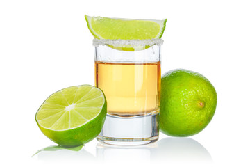 Gold tequila shot  isolated on white background