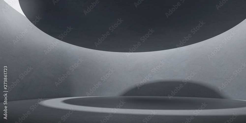 Poster Abstract of concrete space with sun light cast the round roof shadow on the wall and floor,Idea of architecture design,3d rendering