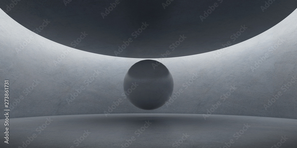 Poster Abstract of concrete space and sphere with sun light cast the round roof shadow on the wall and floor,Idea of architecture design,3d rendering