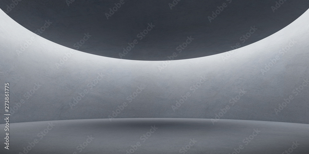 Poster Abstract of concrete space with sun light cast the round roof shadow on the wall and floor,Idea of architecture design,3d rendering