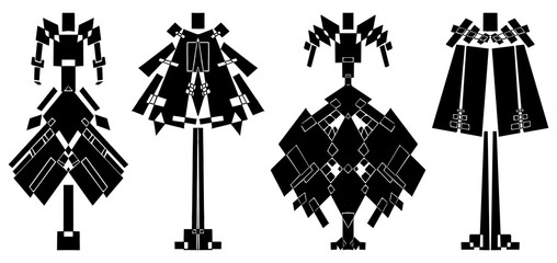 silhouettes of fashion suits set in a geometric black and white style. Fashion illustration SET runway model art black white minimalism art. Silhouette isolated for magazine 