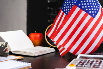 4th of July American Independence Day USA flags decorations in office desk with computer