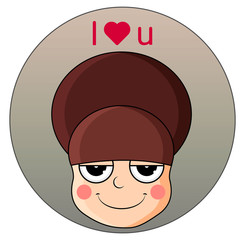 Head of cute girl with heart over head. Smug expression. I love you.