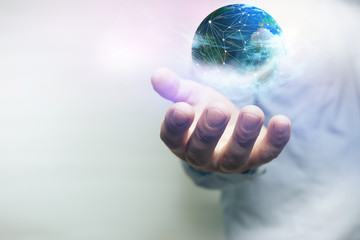 Protect our world in human hands and nebula dust. Mixed media.