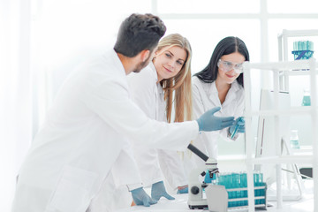 Obraz premium group of young scientist discussing research results