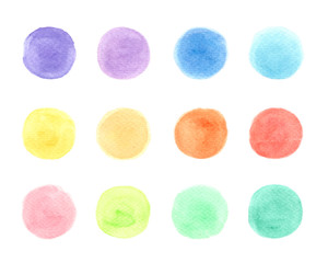 Blue, yellow,red,green, purple,orange watercolors on a white background.