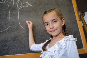 Elementary student drawing on blackboard