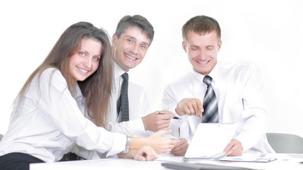 business team discussing new business plan sitting at office Desk
