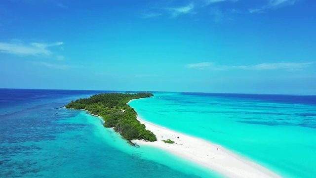 Tropical sandbank island with Arecaceae palm forest with beautiful white sand beach aerial drone panoramic shot Philippines