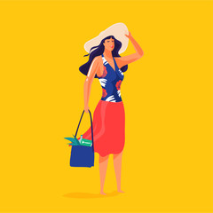 Lady in floral swimsuit and skirt with straw hat and beach bag. Vacation / Summer holidays illustration.