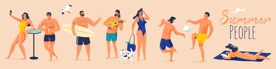 Summer holidays. People in swimming suit in different situations on the beach. Flat design illustration. - 273866363